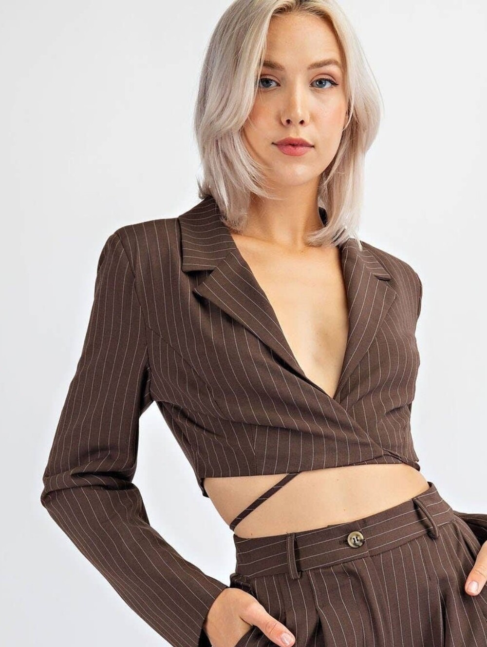 Primark Brown Pinstripe Blazer Cropped